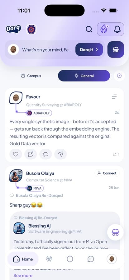 Dorq mobile app, campus and general feed with student verification badges