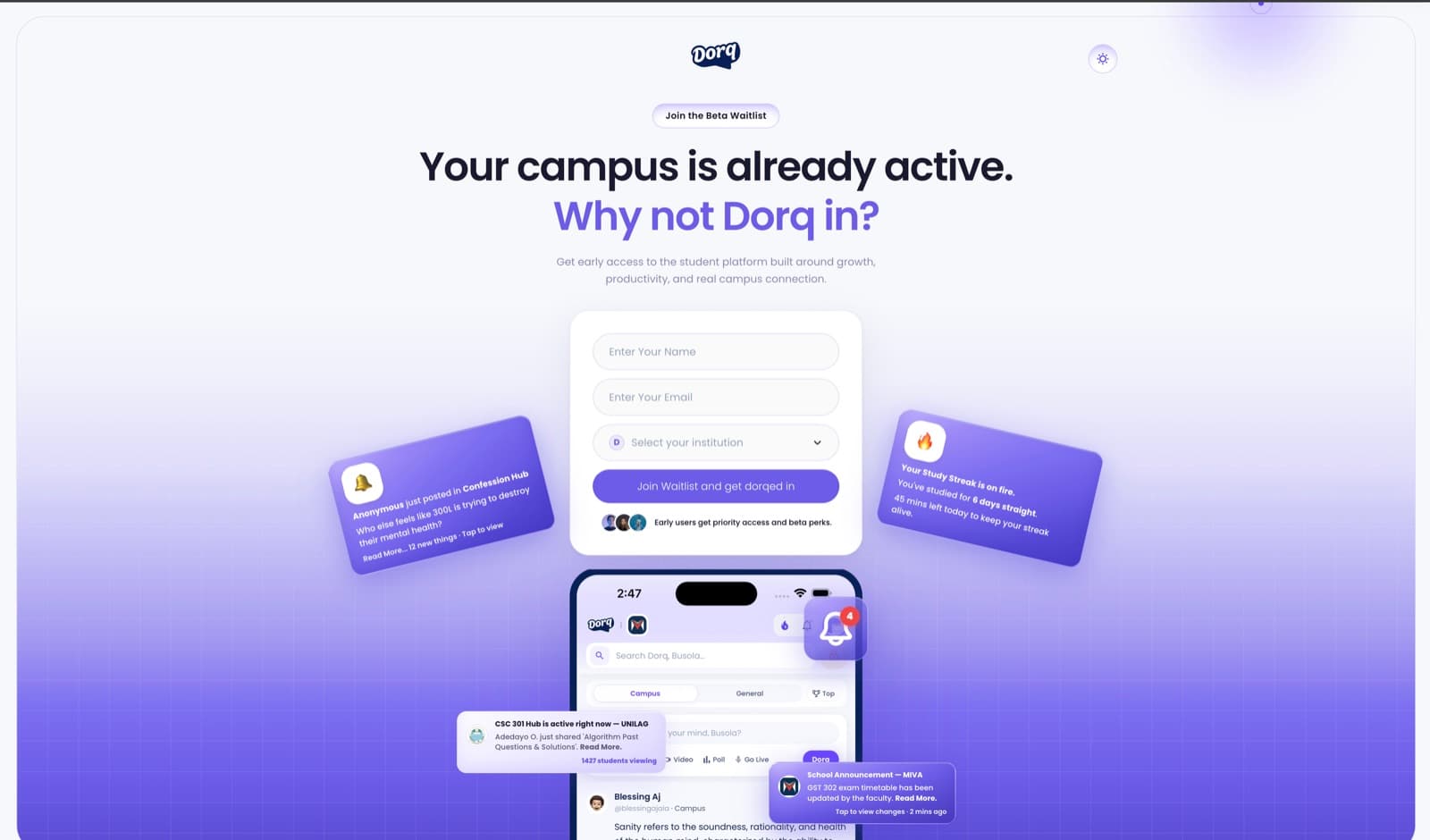 Dorq landing page, beta waitlist with campus feed and study streak previews